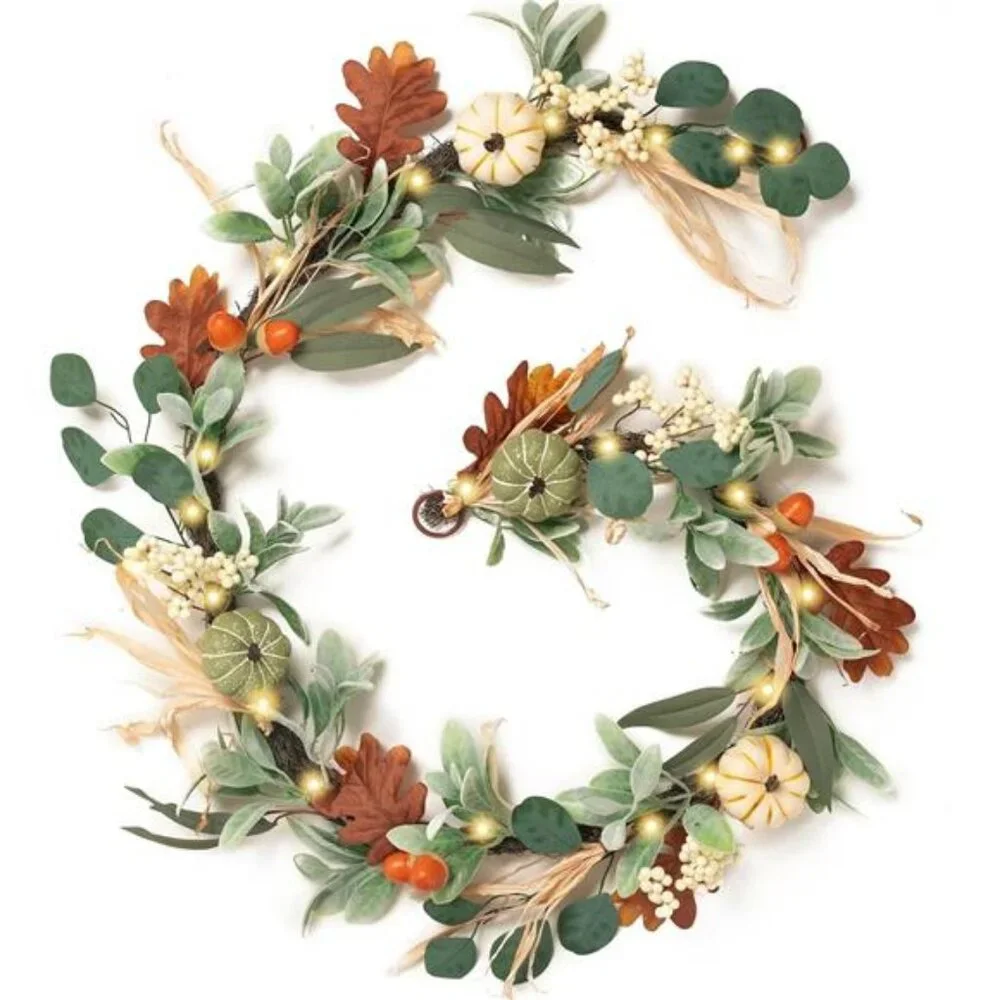 Fall Garland for Mantle, 6ft Lambs Ear Leaves Garland with Lights